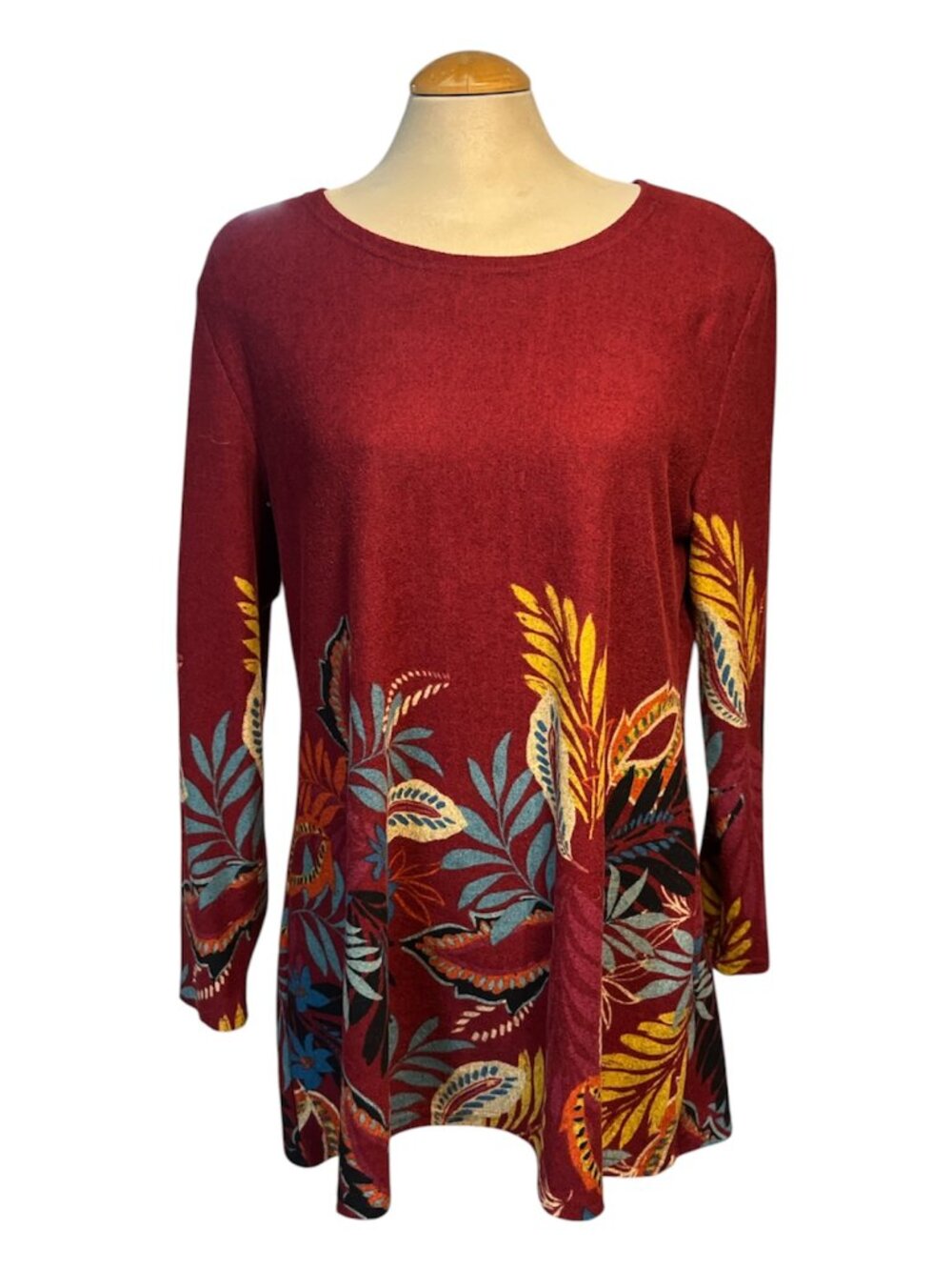 PAPA 🇨🇦 Sweater Tunic Top Size XL Floral Burgundy Blue Orange Black Colourful